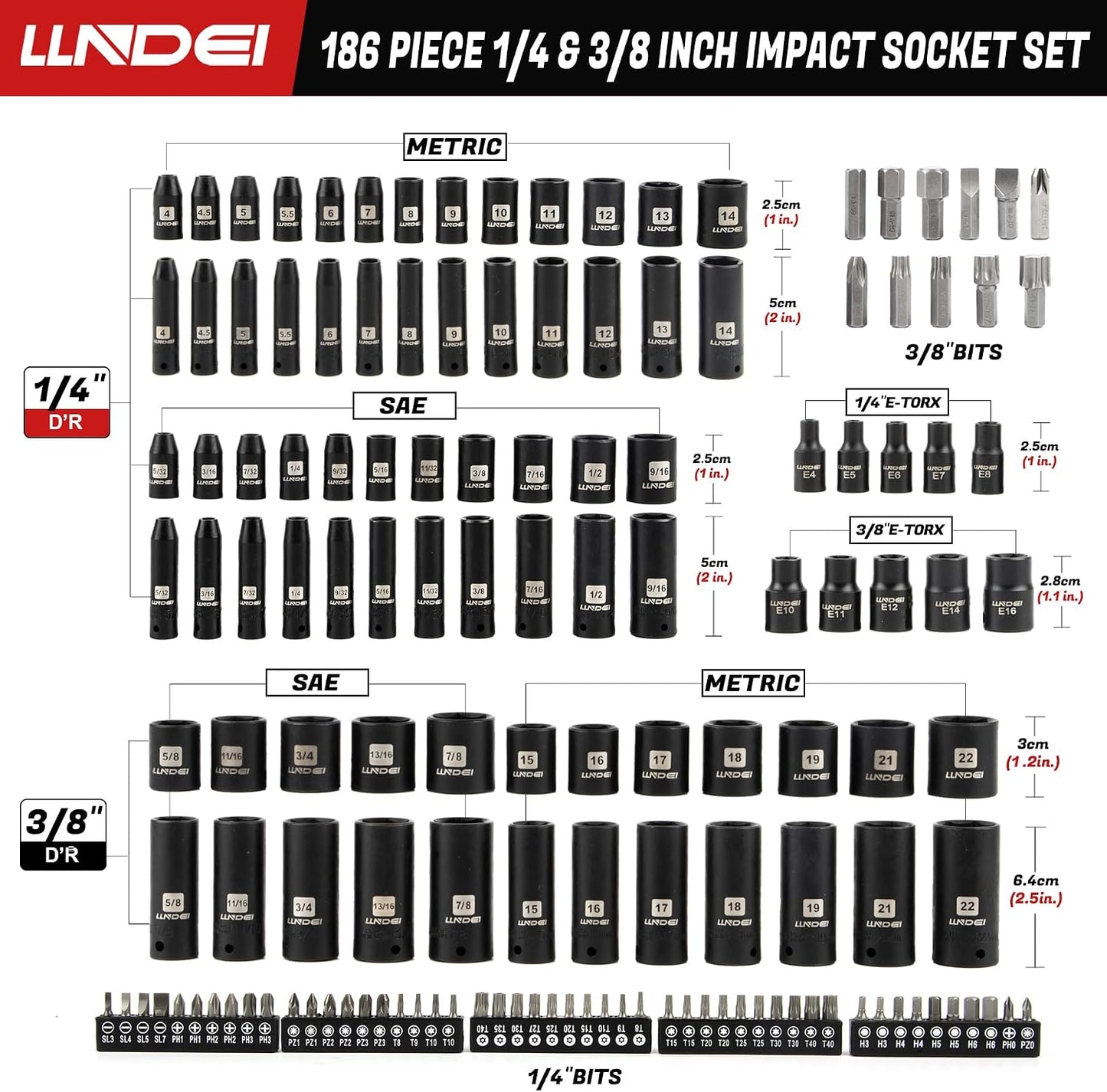 LLNDEI Juego de llaves de impacto de 1\/4 y 3\/8 pulgadas, 186 piez...