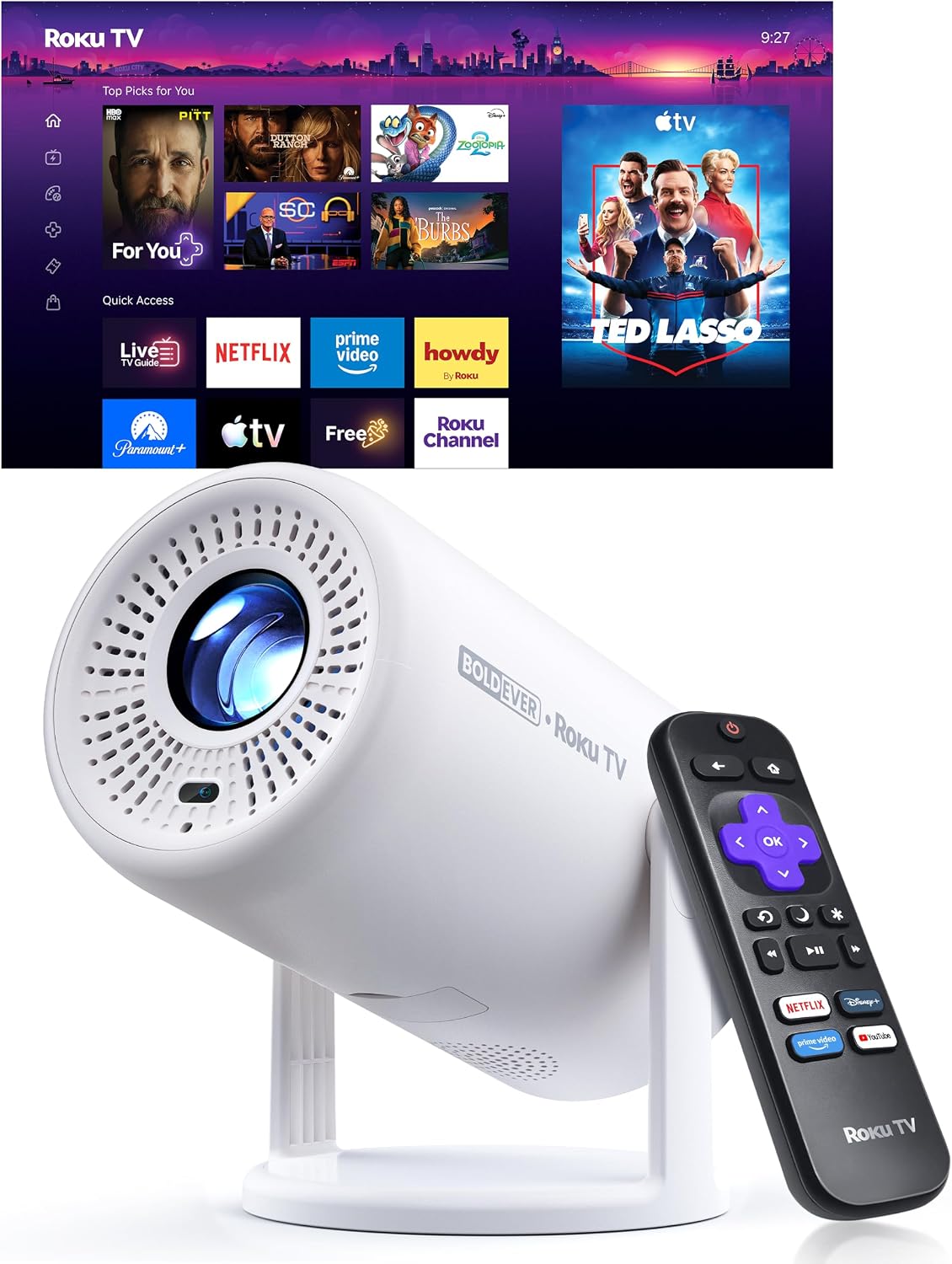 Boldever Roku TV 1080P FHD Mini proyector inteligente con Wi-Fi y B...