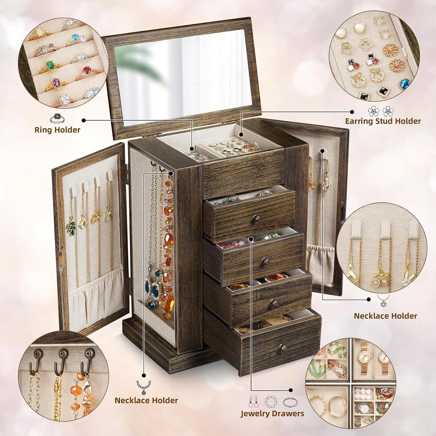 Emfogo - Joyero para mujer, cajas de joyería de madera de 5 capas g...