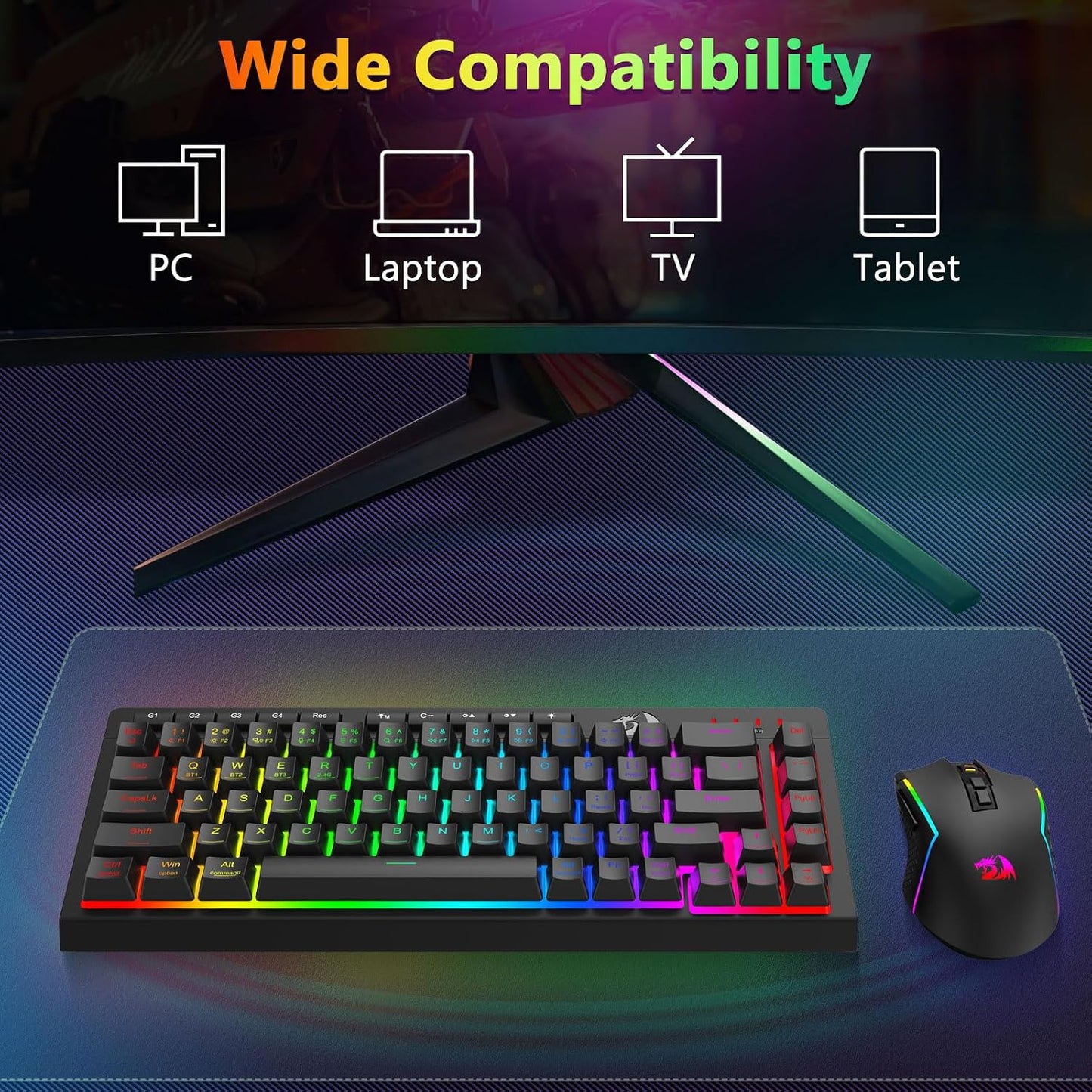Redragon Combo de teclado y mouse inalámbricos para juegos, Bluetoo...