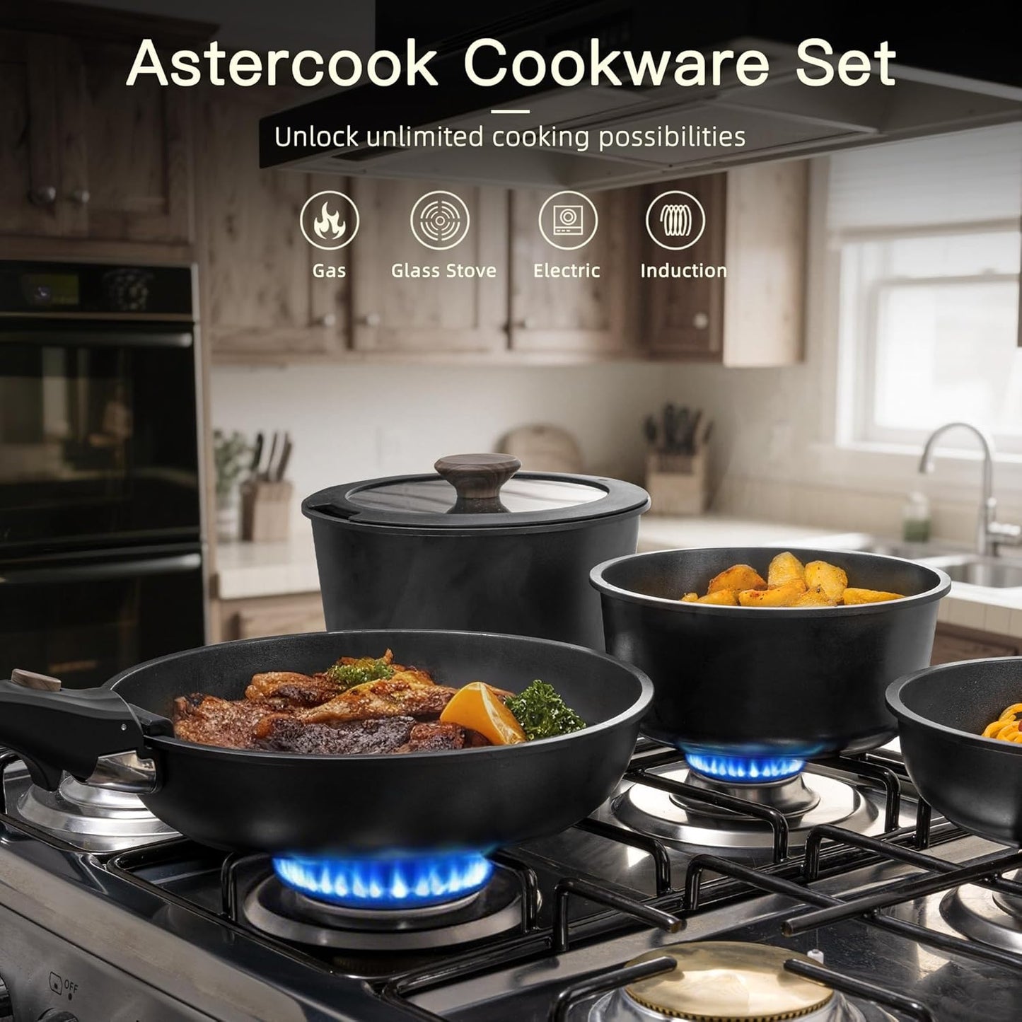 Astercook Juego de 23 ollas y sartenes antiadherentes, juego de ute...