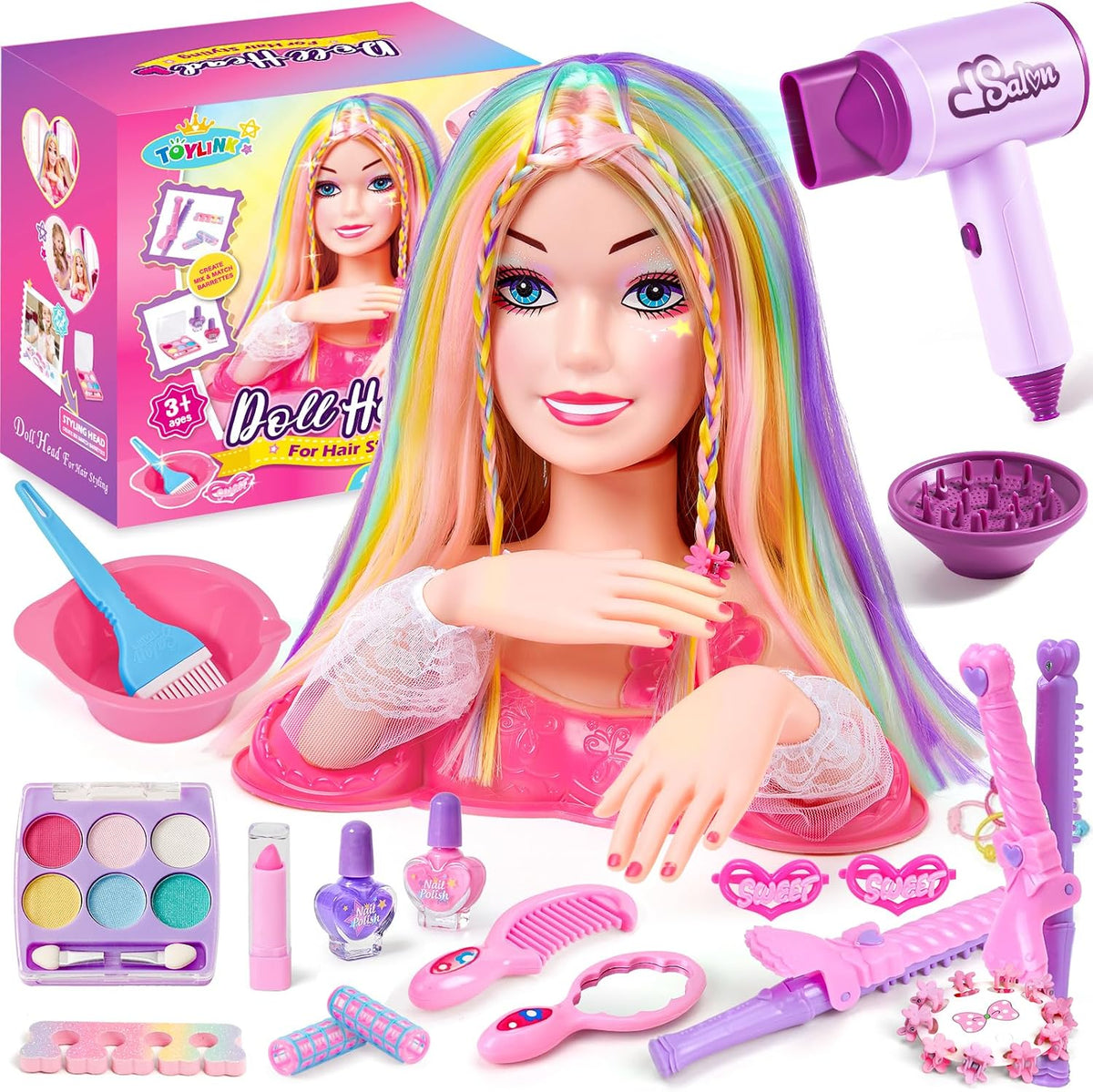 Toylink Cabeza de muñeca para peinar el cabello, kit de maquillaje...