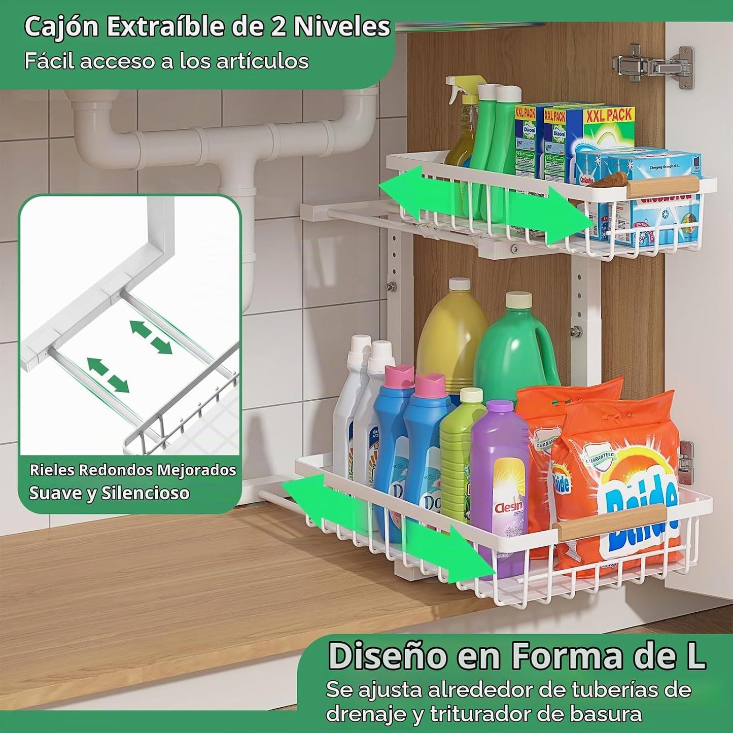 ADRIMER Organizador para debajo del fregadero, 2 unidades, organiza...