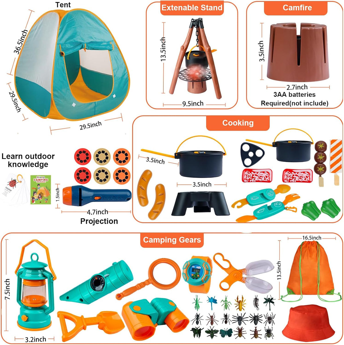 Qtioucp Juego de campamento para niños, 50 piezas con tienda de cam...