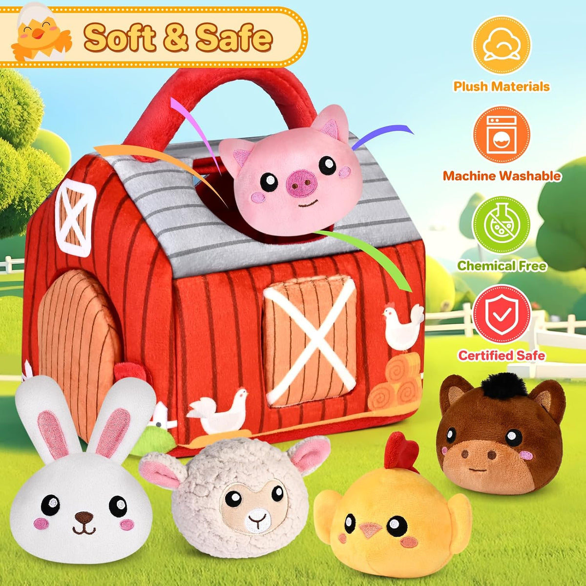 Granero de felpa con animales de granja, juego sensorial de juguete...