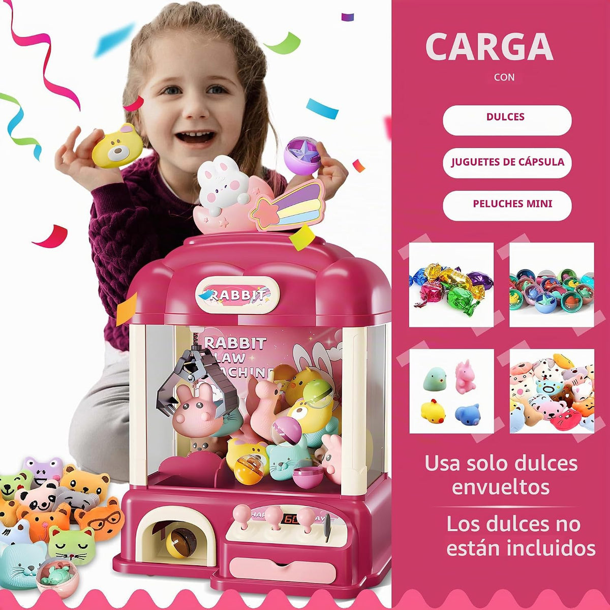 ROHSCE Máquina de garras para niños con juguetes en el interior, lu...