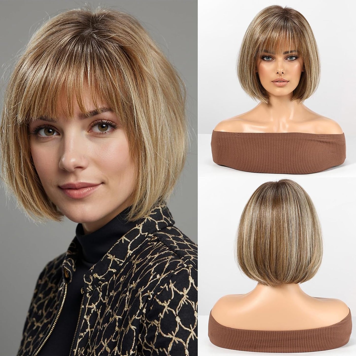 RSY - Peluca Bob de 12 pulgadas de cabello humano mezclado con fibr...