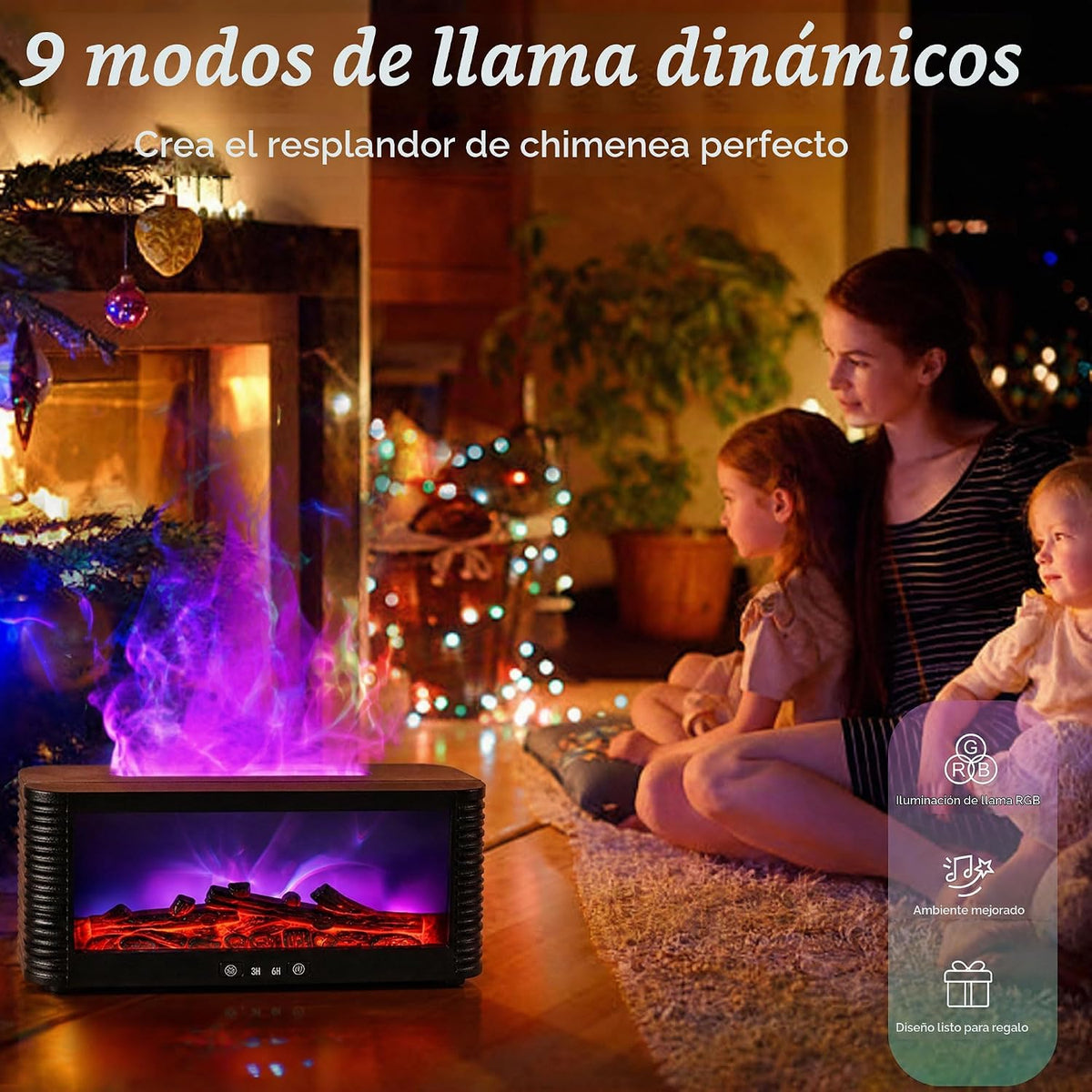 Difusor de aceite esencial para chimenea, 9 colores de llama, humid...