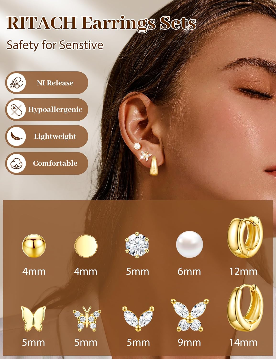 Juego de aretes pequeños de oro para mujer, chapados en oro de 14 q...