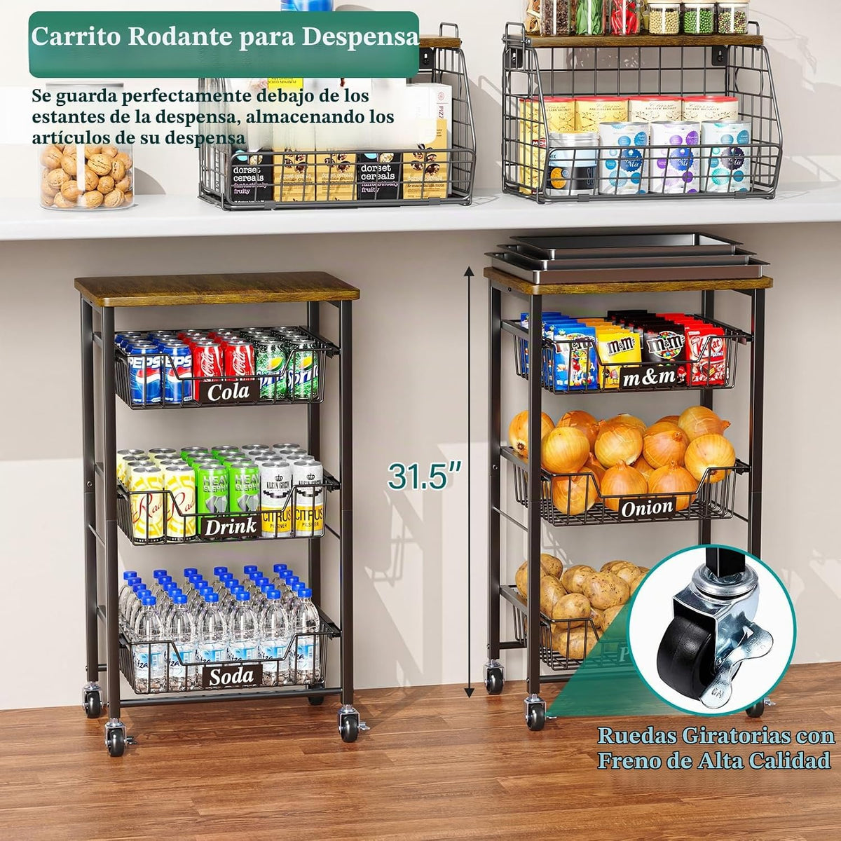 OKZEST - Carrito de almacenamiento de cocina de 4 niveles con 3 caj...