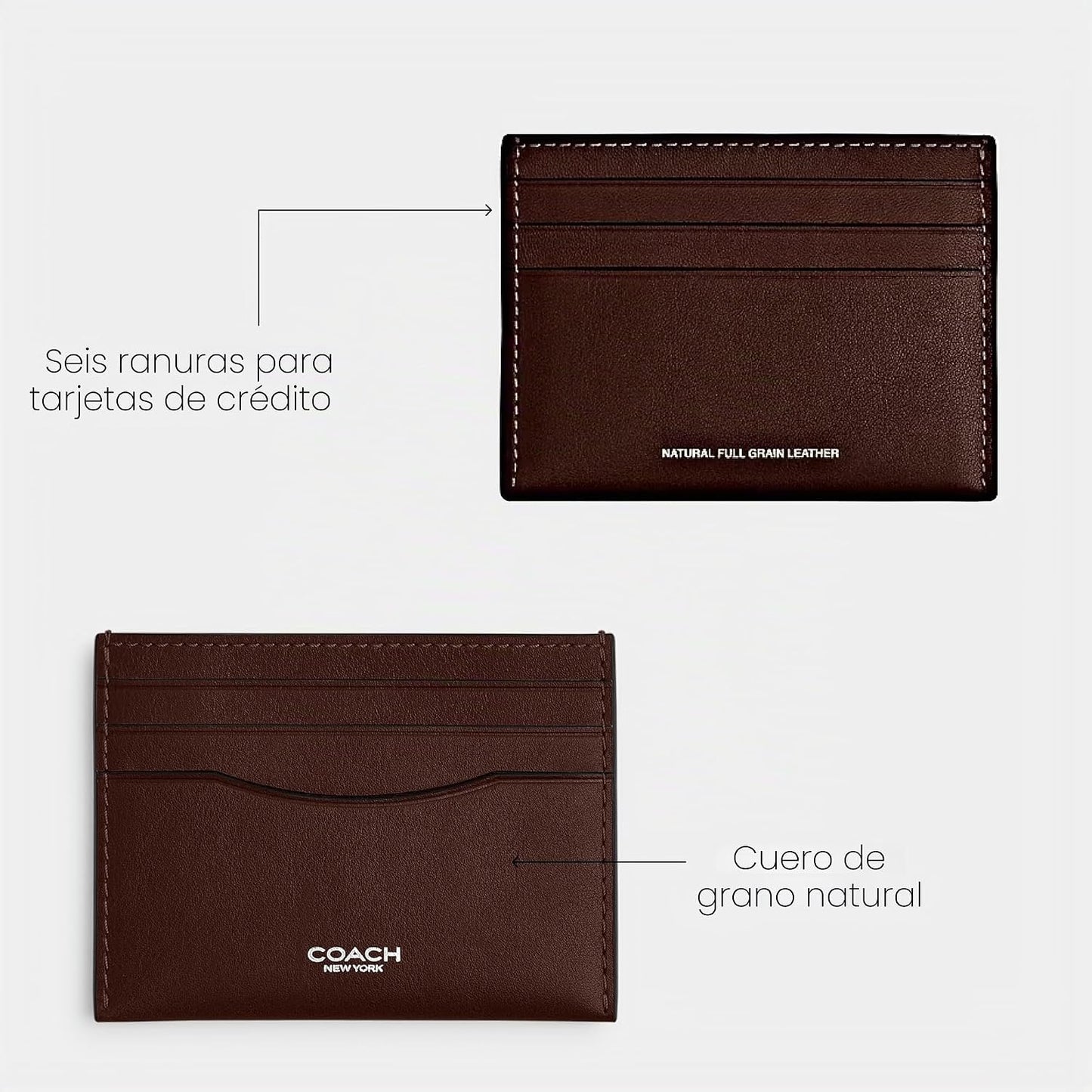 Coach Estuche plano para tarjetas en cuero de grano natural, Arce,...