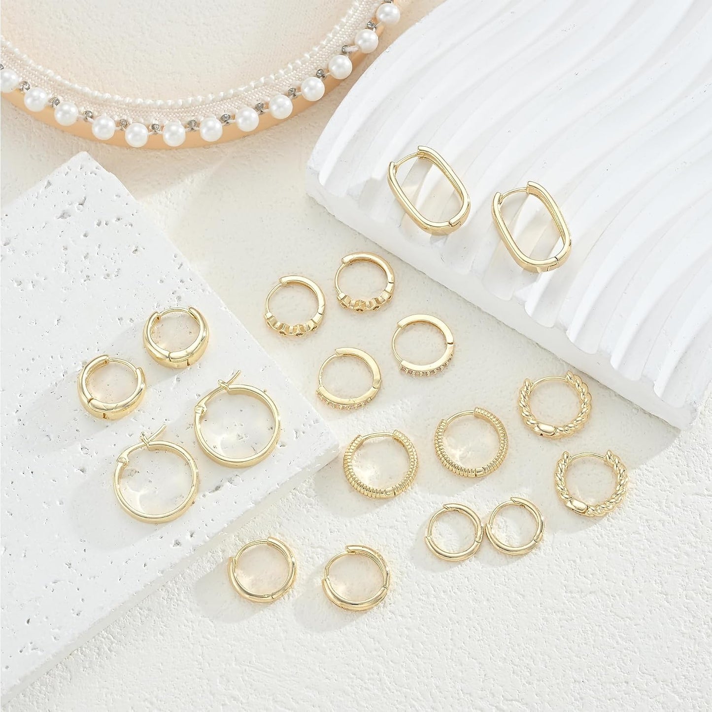 Juego de 9 pares de aretes pequeños tipo aro huggie de oro\/plata p...