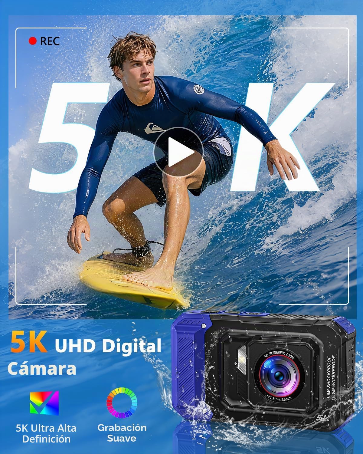 Cámara digital subacuática 5K de 33 pies de 96 MP impermeable, con...