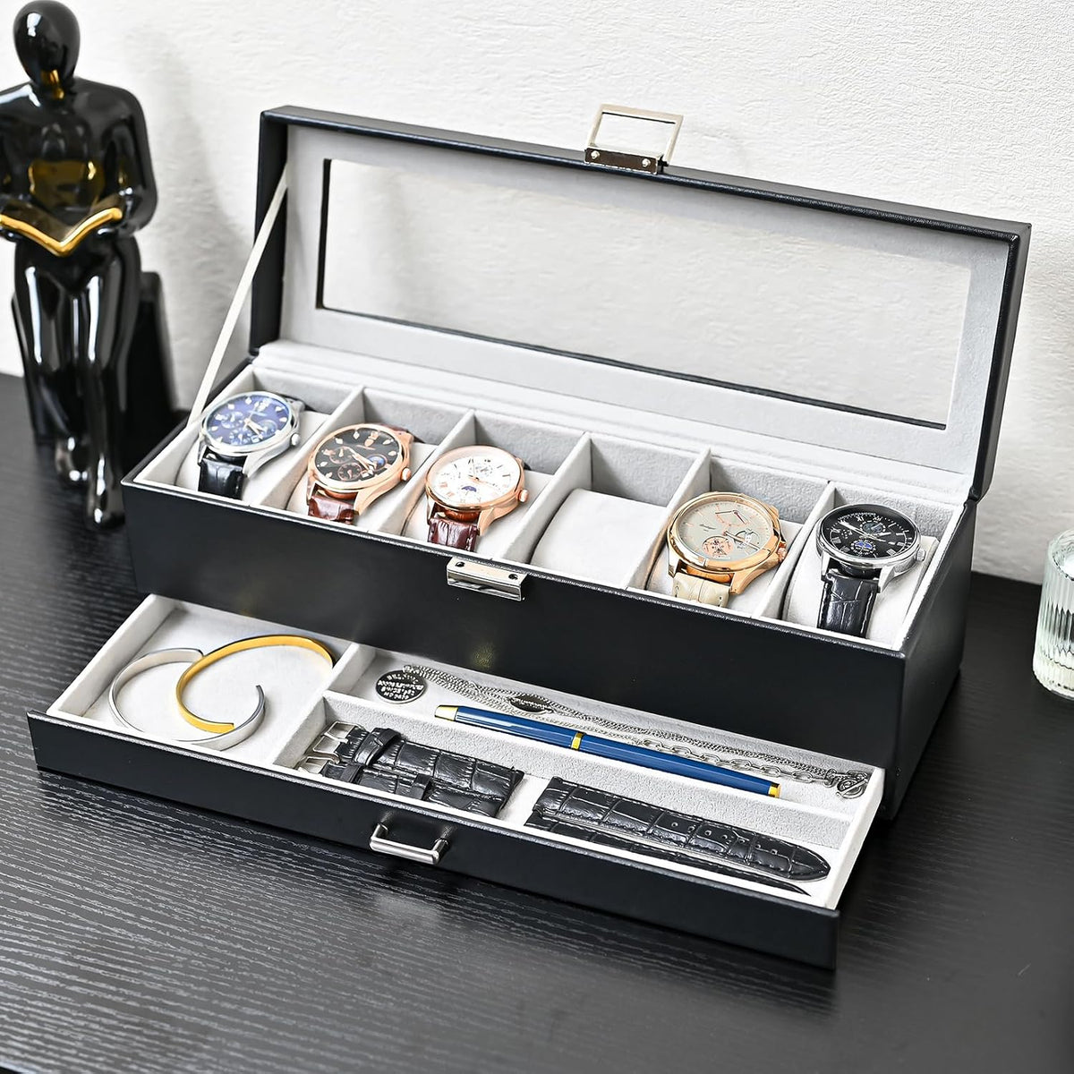 ProCase Caja de reloj, vitrina de reloj de 6 ranuras con cajón, col...