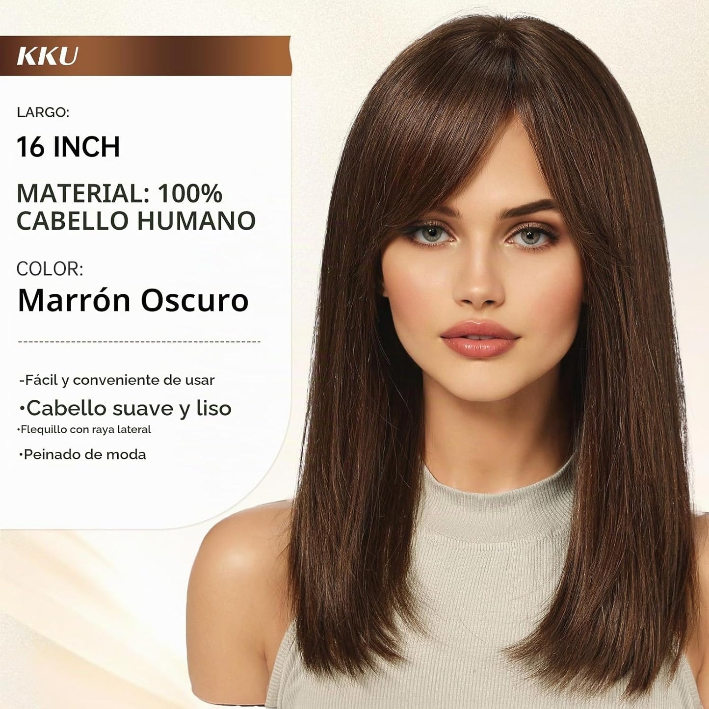 KKU Pelucas de cabello humano castaño oscuro de 16 pulgadas para mu...