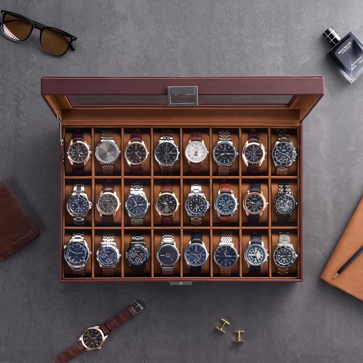 ProCase Caja de reloj para hombre, vitrina de 24 ranuras con tapa d...