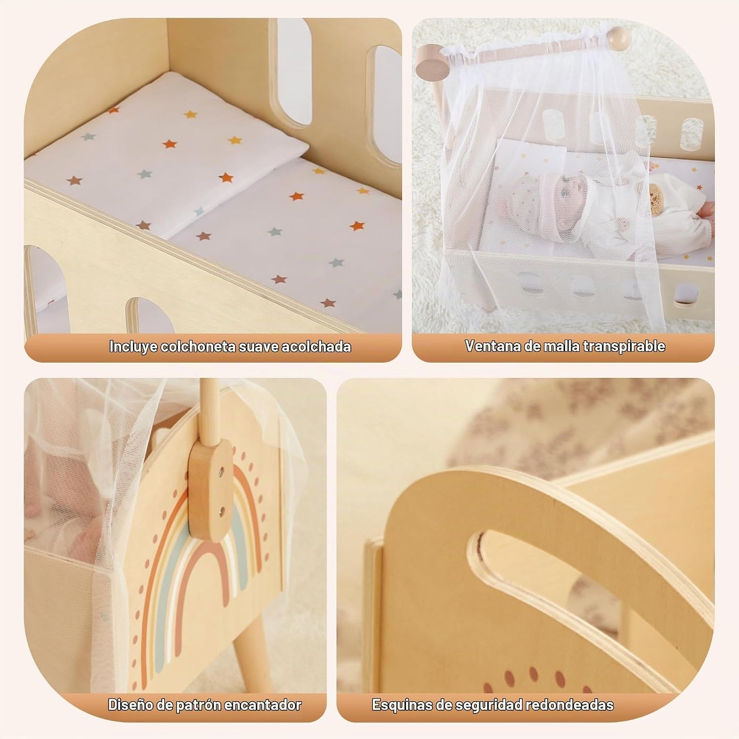 Freniland Cama de cuna de madera para muñecas de 18 pulgadas, juego...