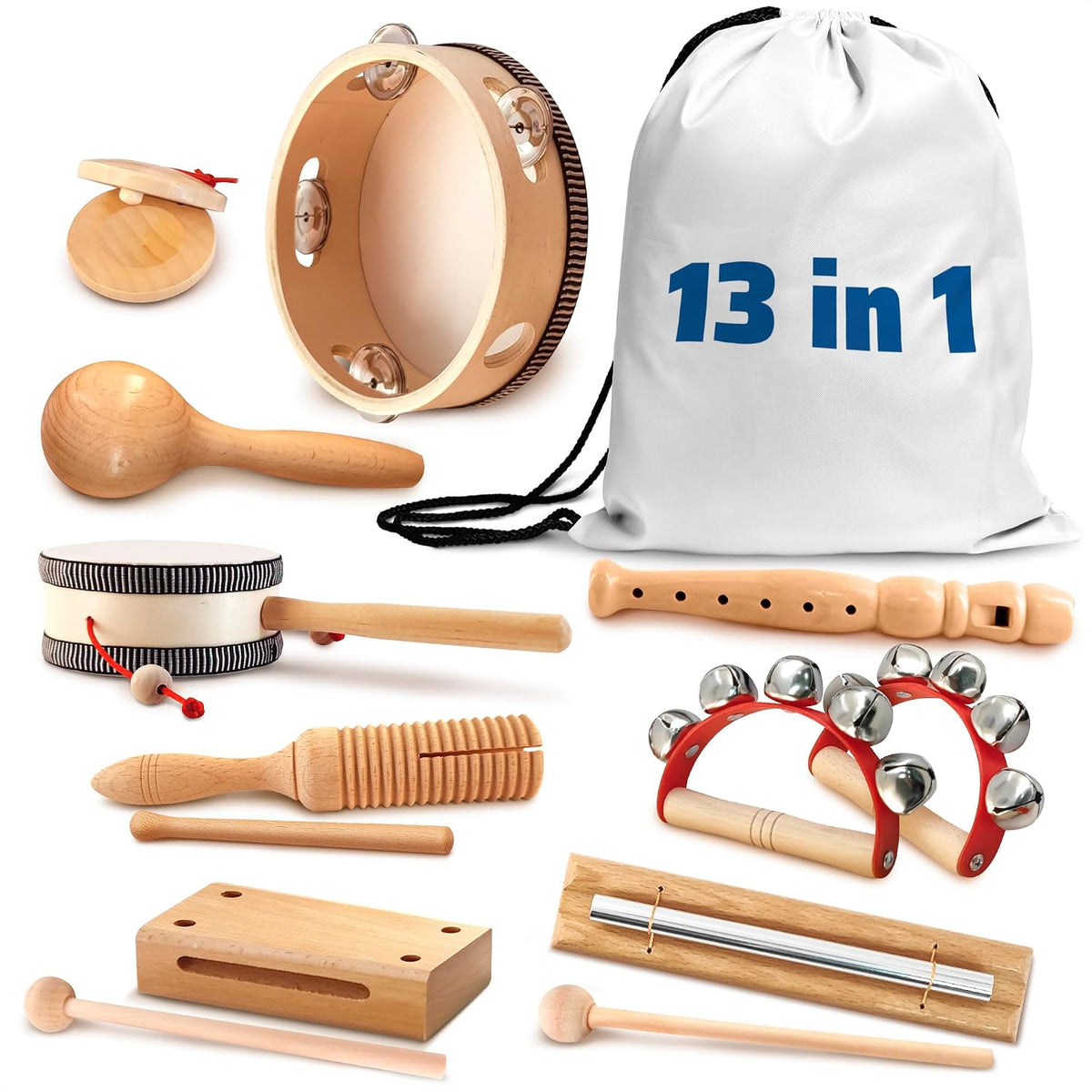 13 instrumentos musicales de madera para adultos y niños, con bolsa...