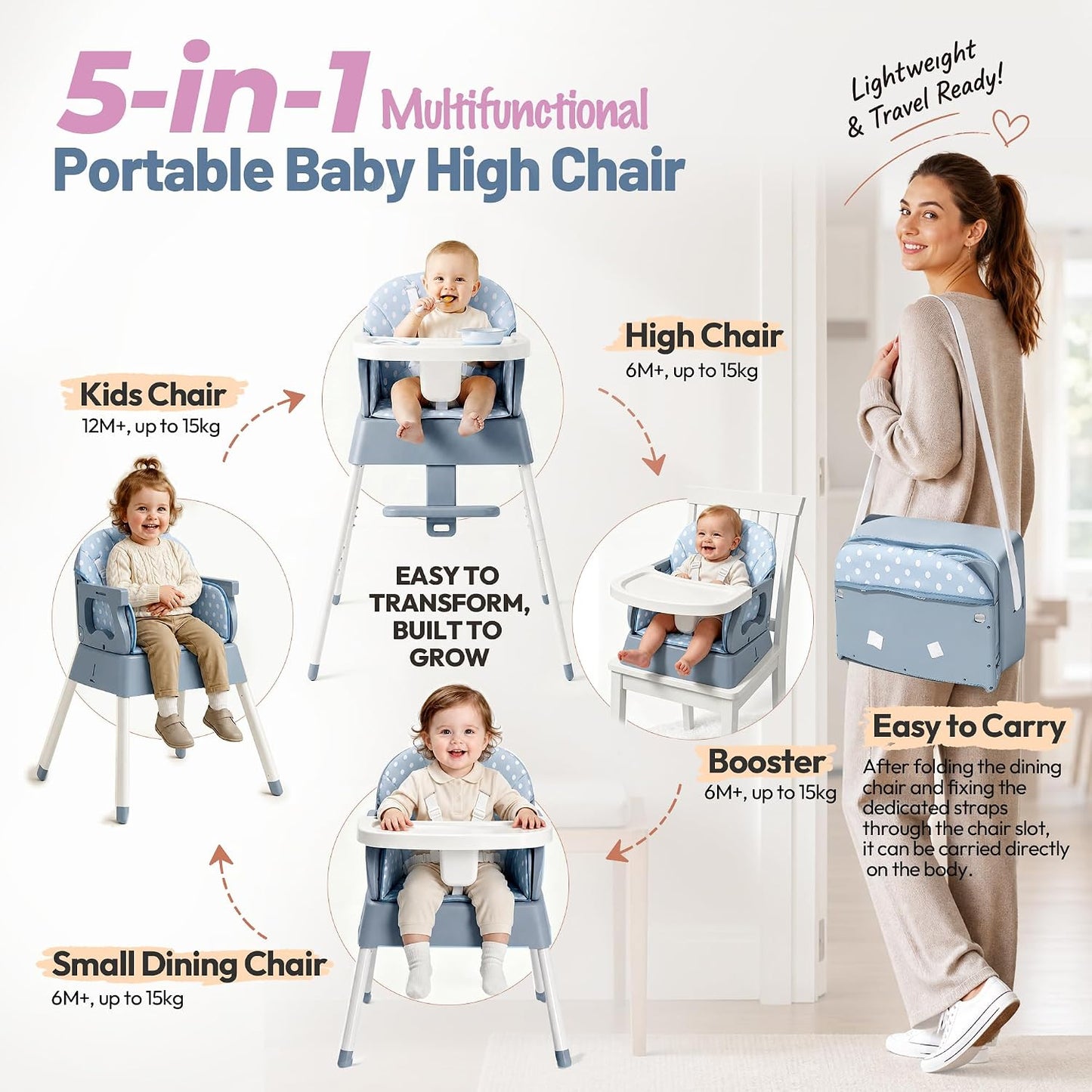 Silla alta plegable 5 en 1 para bebé, silla alta convertible para b...