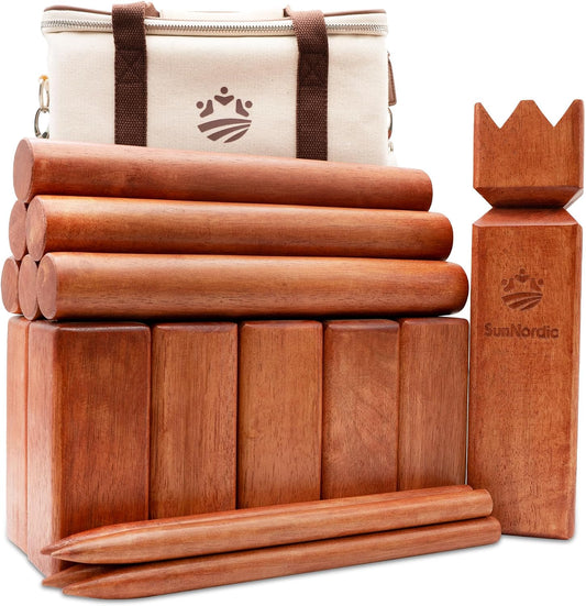 SunNordic Juego de jardín Kubb de madera de caucho con bolsa de tra...