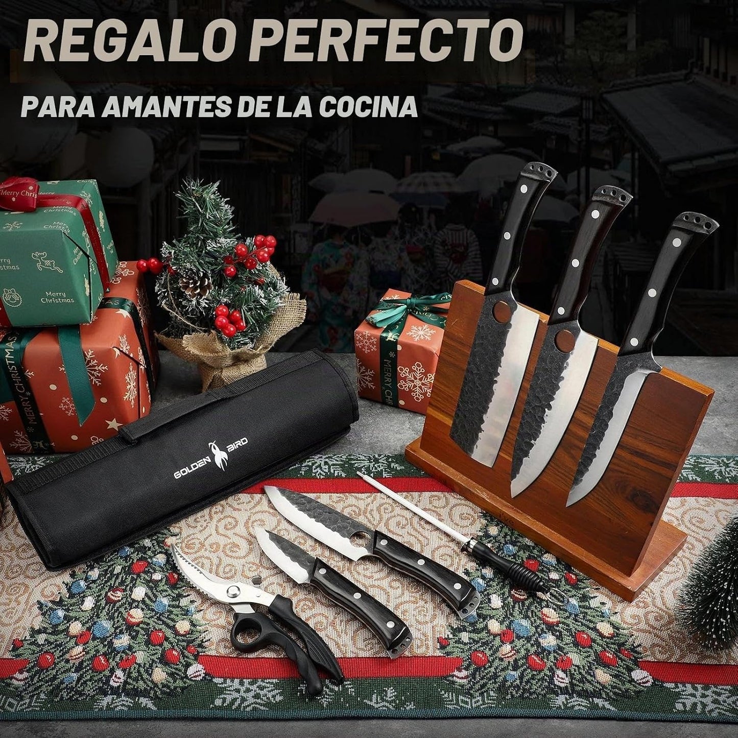 Juego de cuchillos de chef japonés Golden Bird con bolsa enrollable...