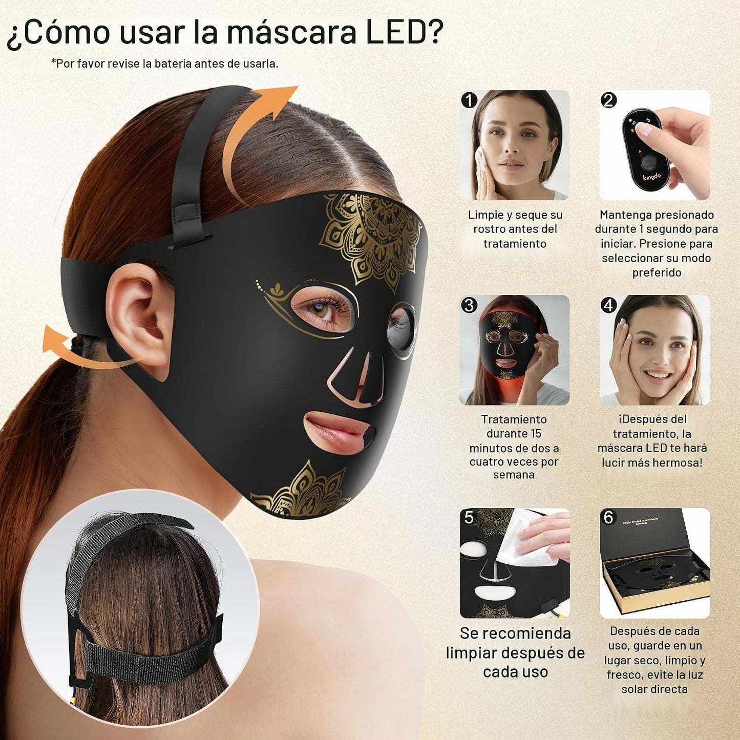Máscara de terapia de luz roja para cara, 4 modos de terapia de luz...