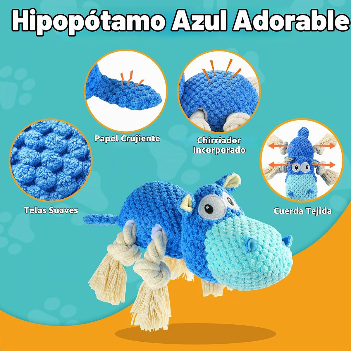 TOOPTATE Hippo Squeaky - Juguete para perro, azul, mediano | Bonito...
