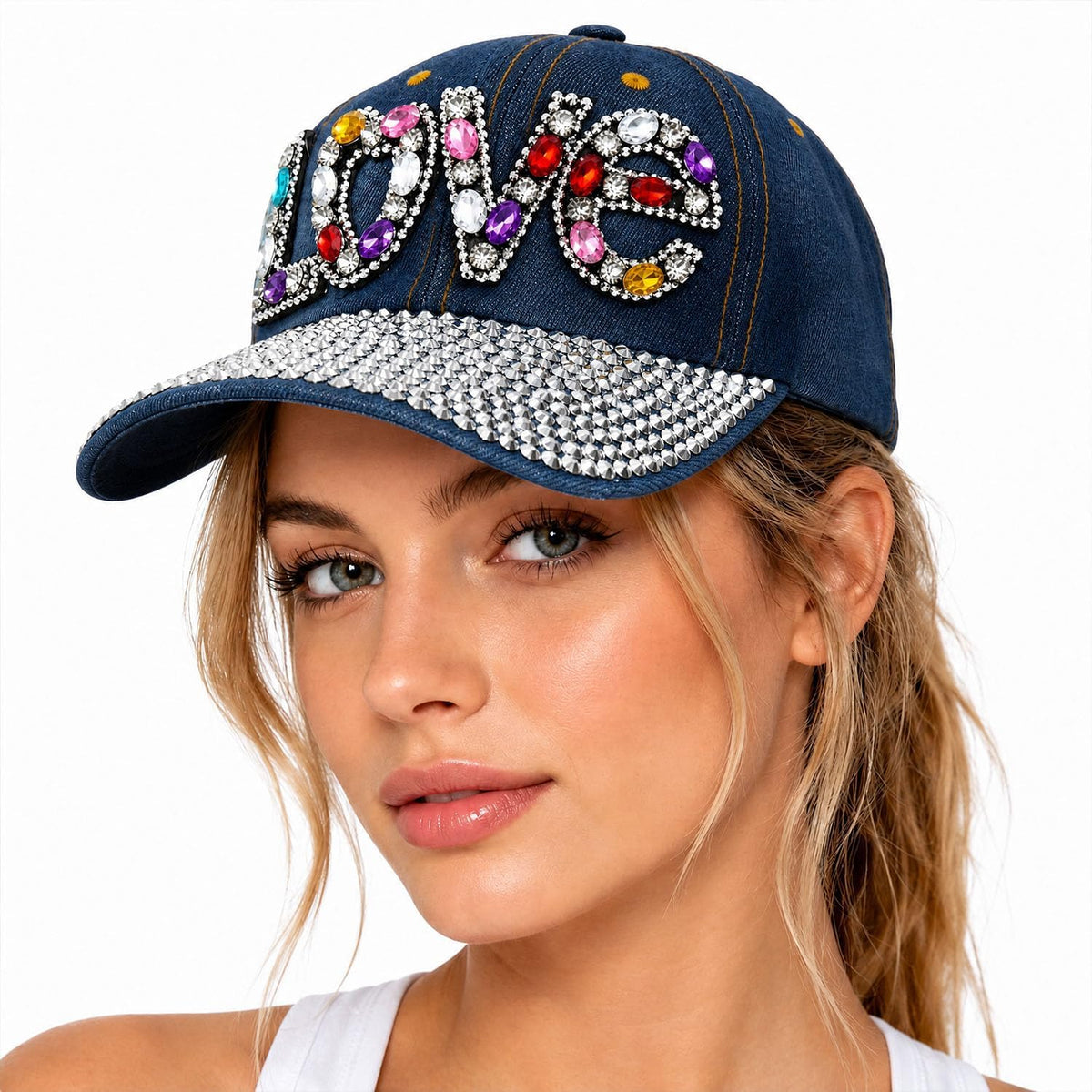 Gorra de béisbol brillante con diamantes de imitación, malla ajusta...