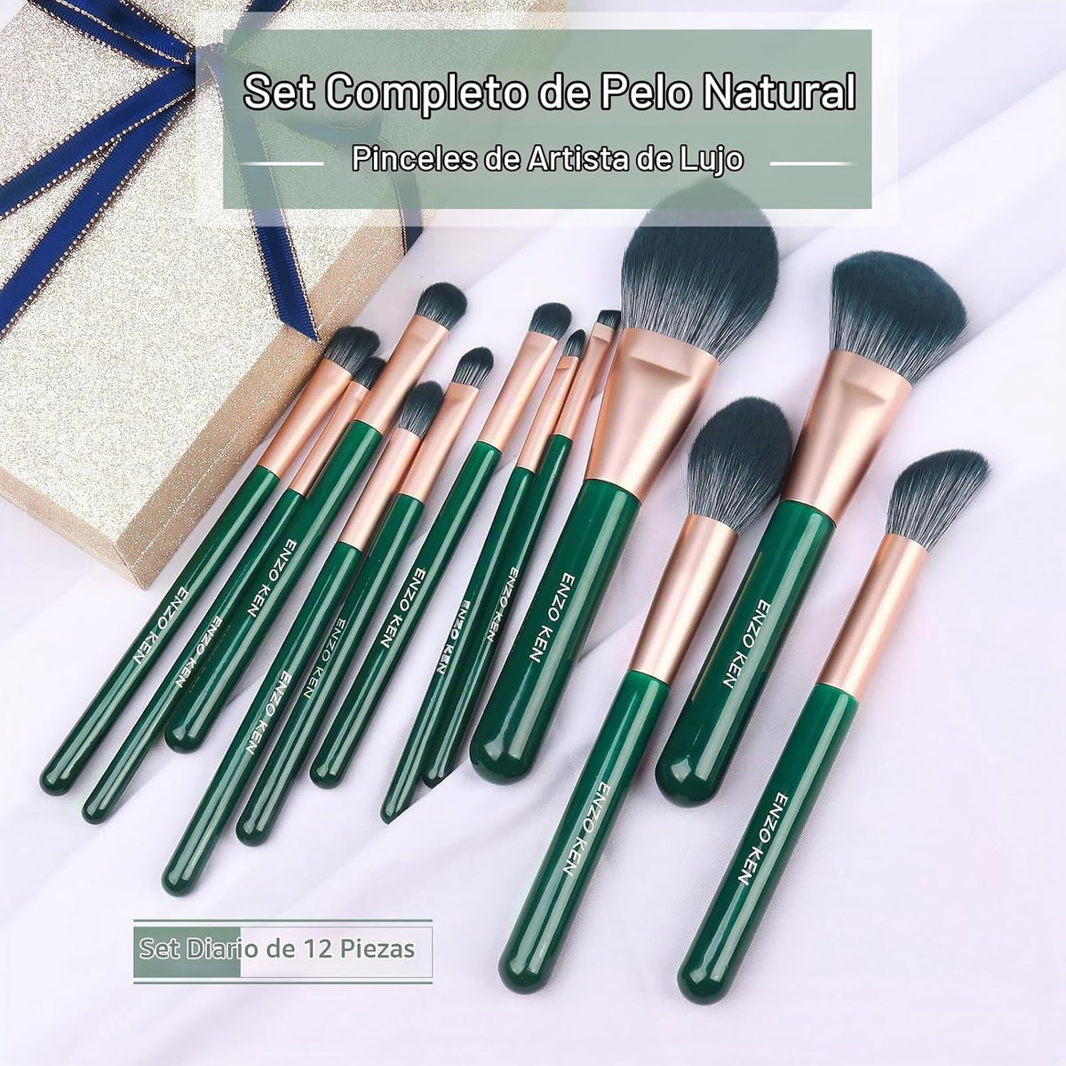 ENZO KEN Juego de brochas de maquillaje de fibra natural y pelo de...