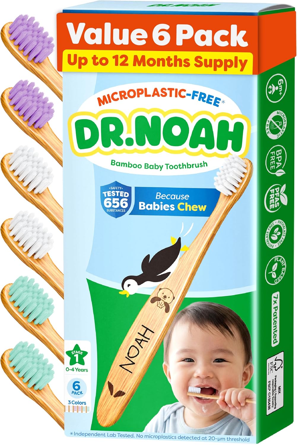 Dr. Noah - Cepillo de dientes de bambú sin microplásticos, diseño d...