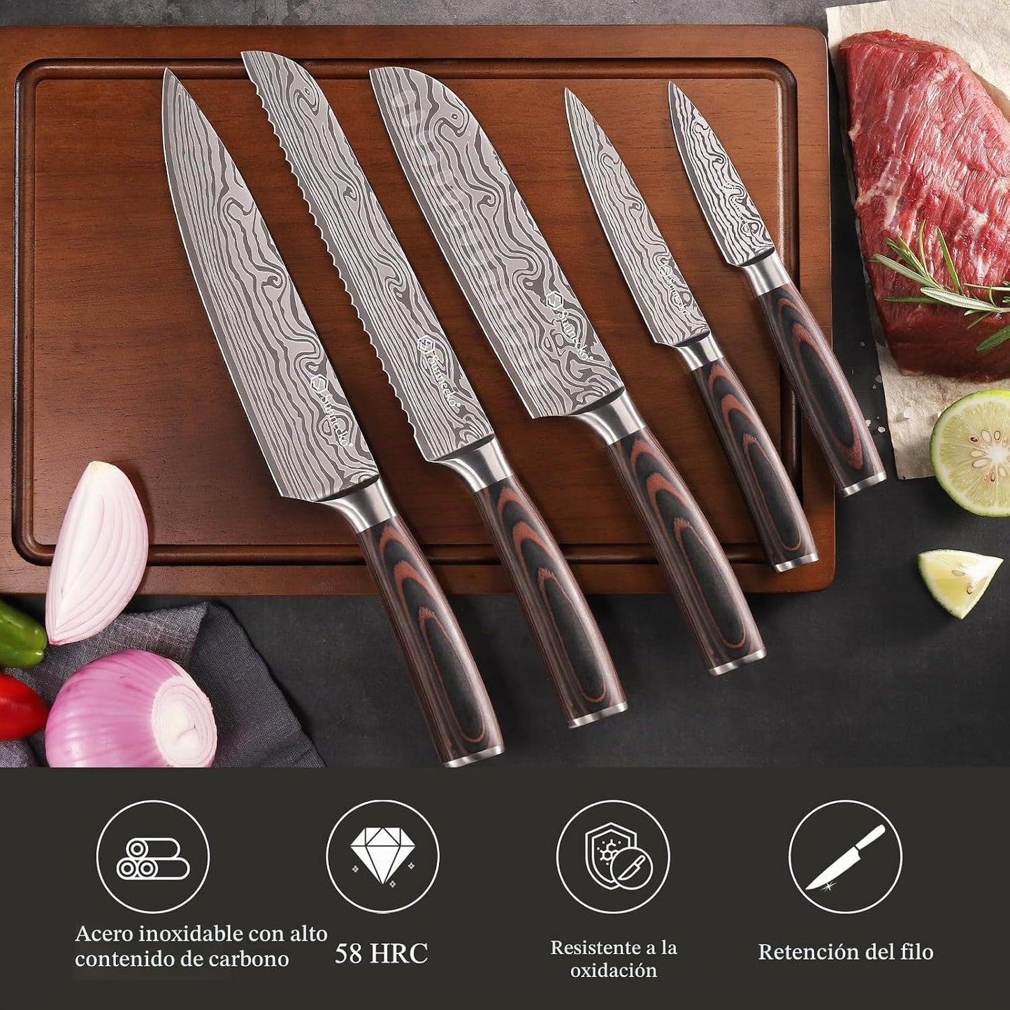 Sunnecko - Juego de cuchillos de cocina de 5 piezas, juego de cuchi...