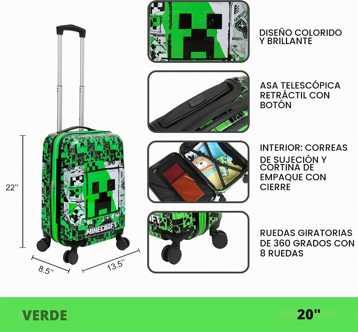 Bioworld Minecraft Creeper - Maleta de mano de 20 pulgadas con rued...