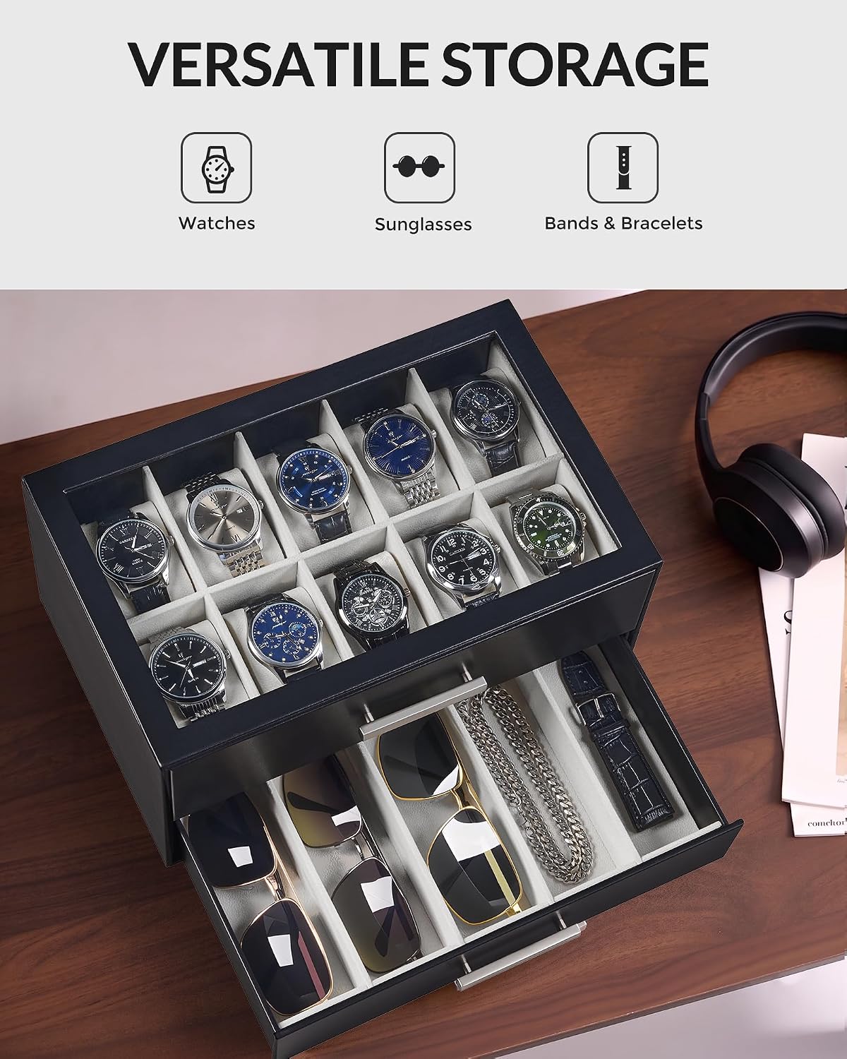 ProCase Caja de reloj de 10 ranuras para hombre, caja de gafas de s...