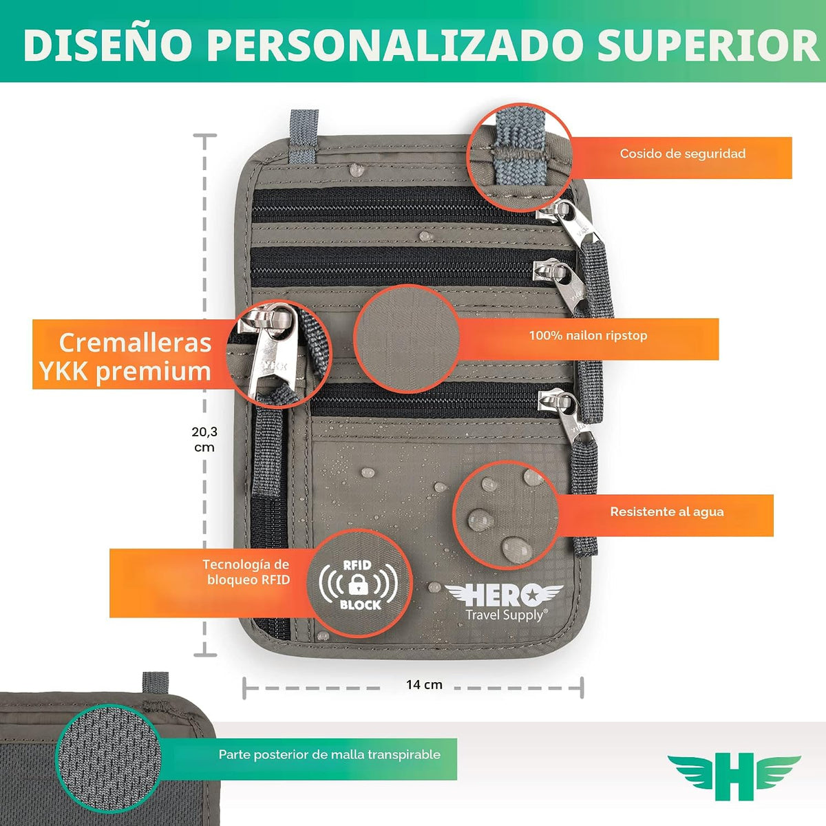 HERO - Cartera para el cuello - Soporte para pasaporte con bloqueo...