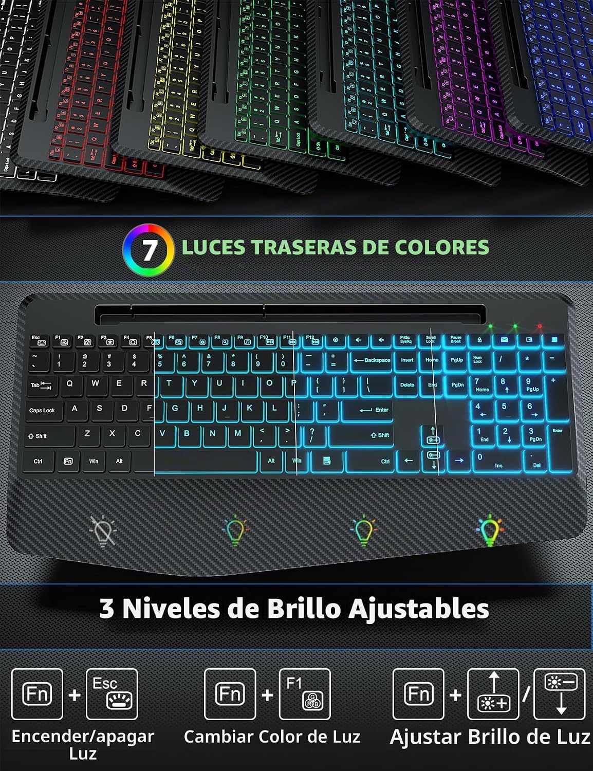 Teclado y Mouse Inalámbricos con Retroiluminación, Reposamuñecas, M...