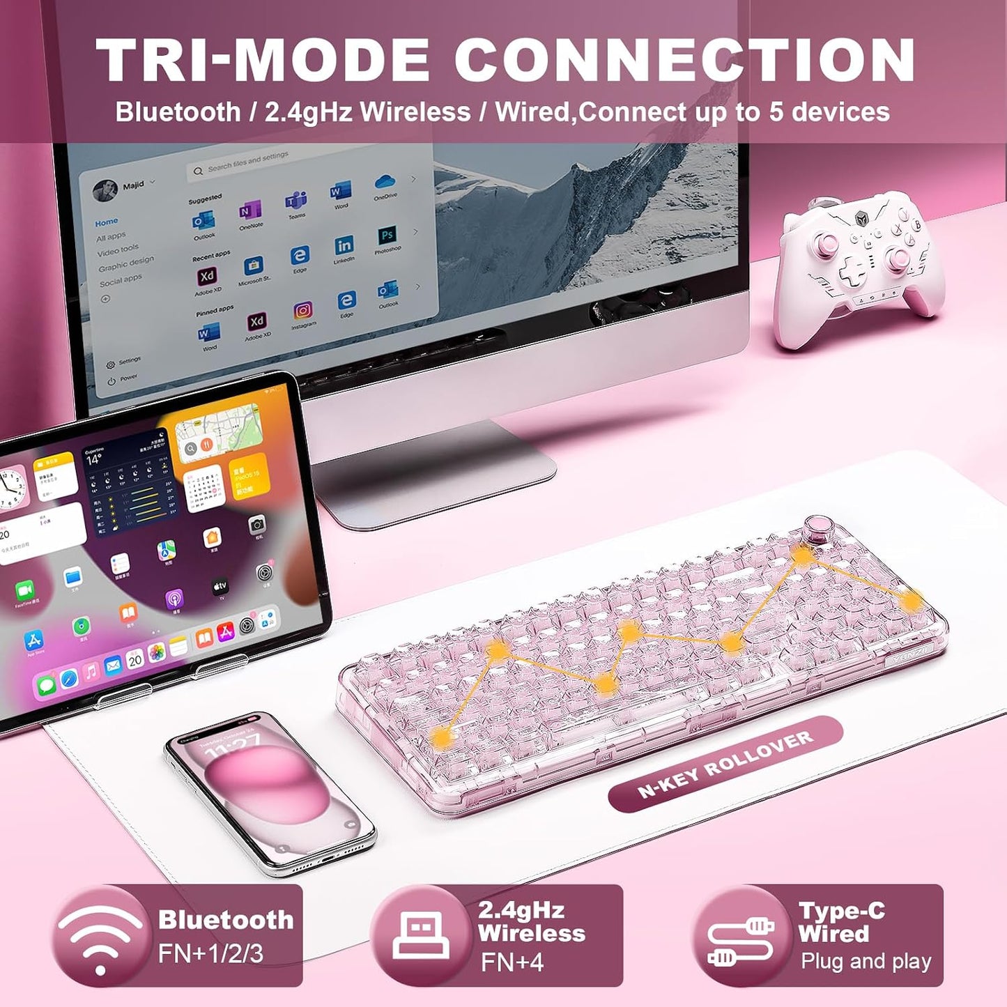 YUNZII X98 QMK\/VIA Teclado mecánico inalámbrico para juegos con pe...