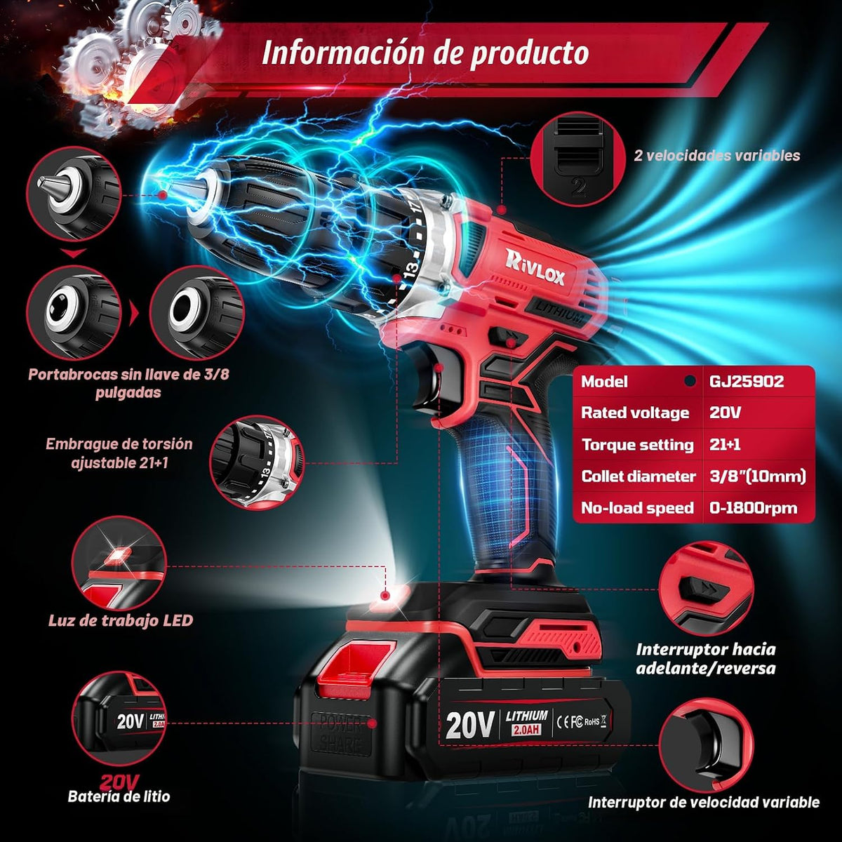 Juego de taladro inalámbrico de 20 V, taladro eléctrico inalámbrico...
