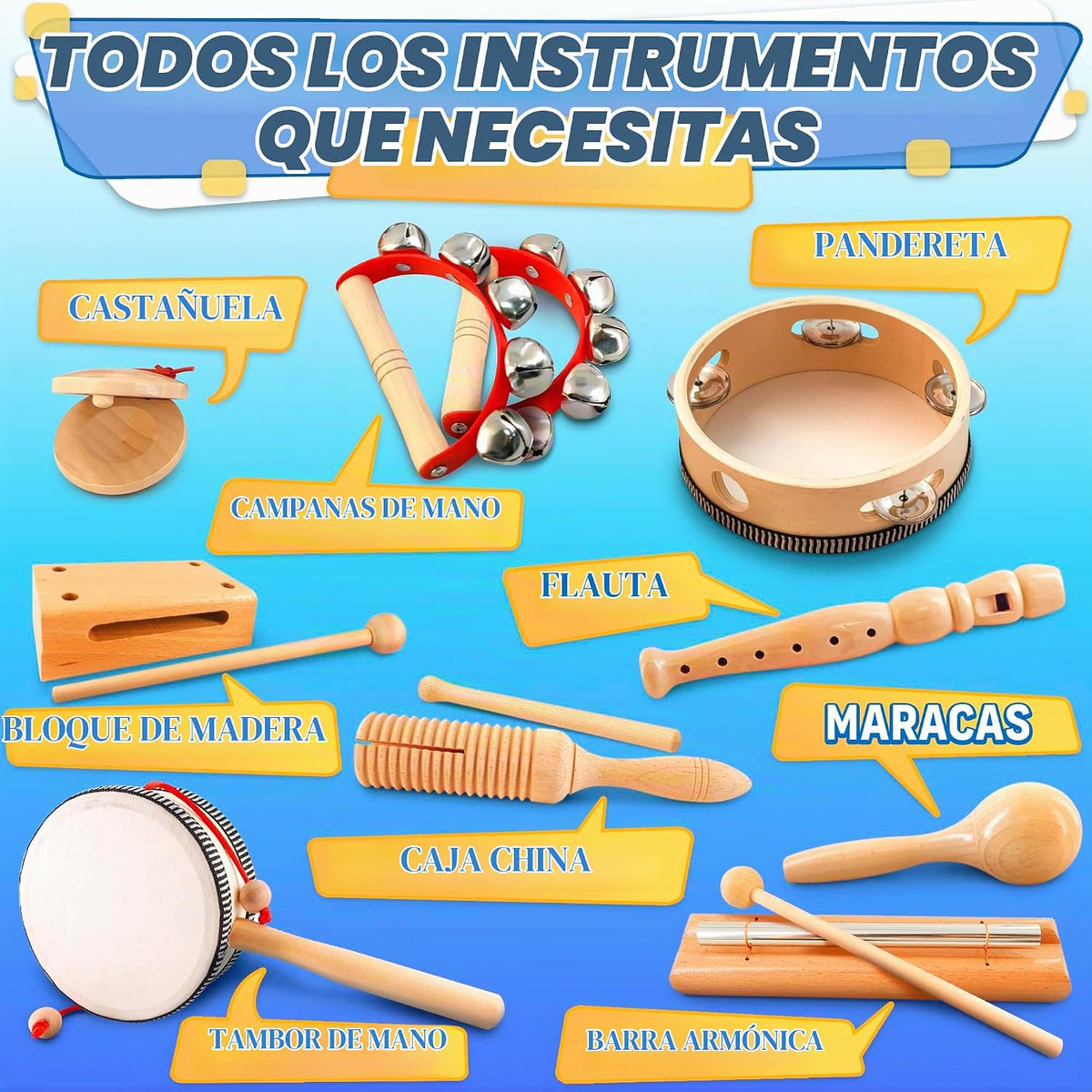 13 instrumentos musicales de madera para adultos y niños, con bolsa...