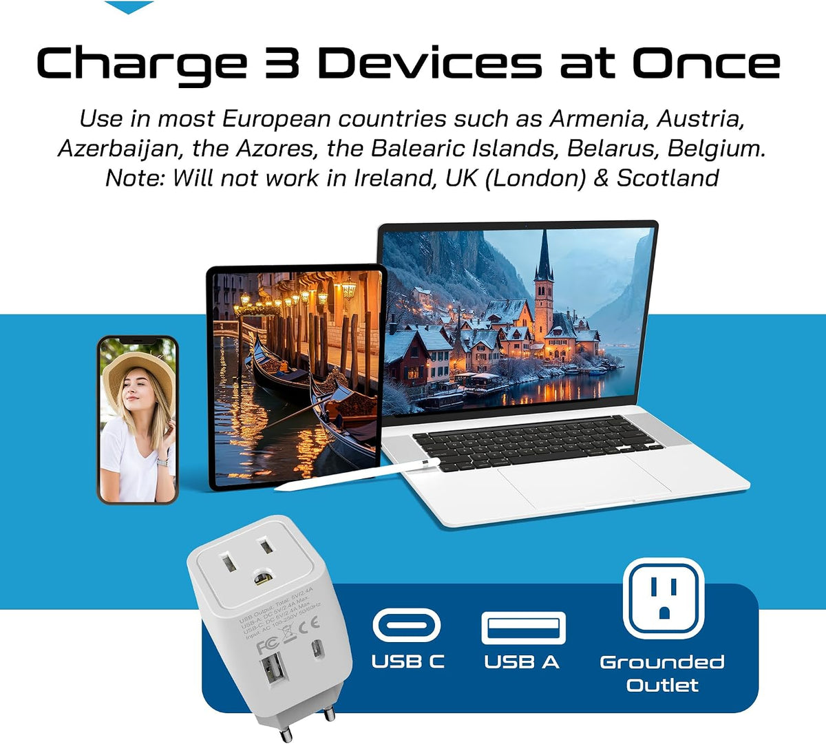 Ceptics Combo de adaptadores de enchufe europeos - Tipo C, E\/F - U...