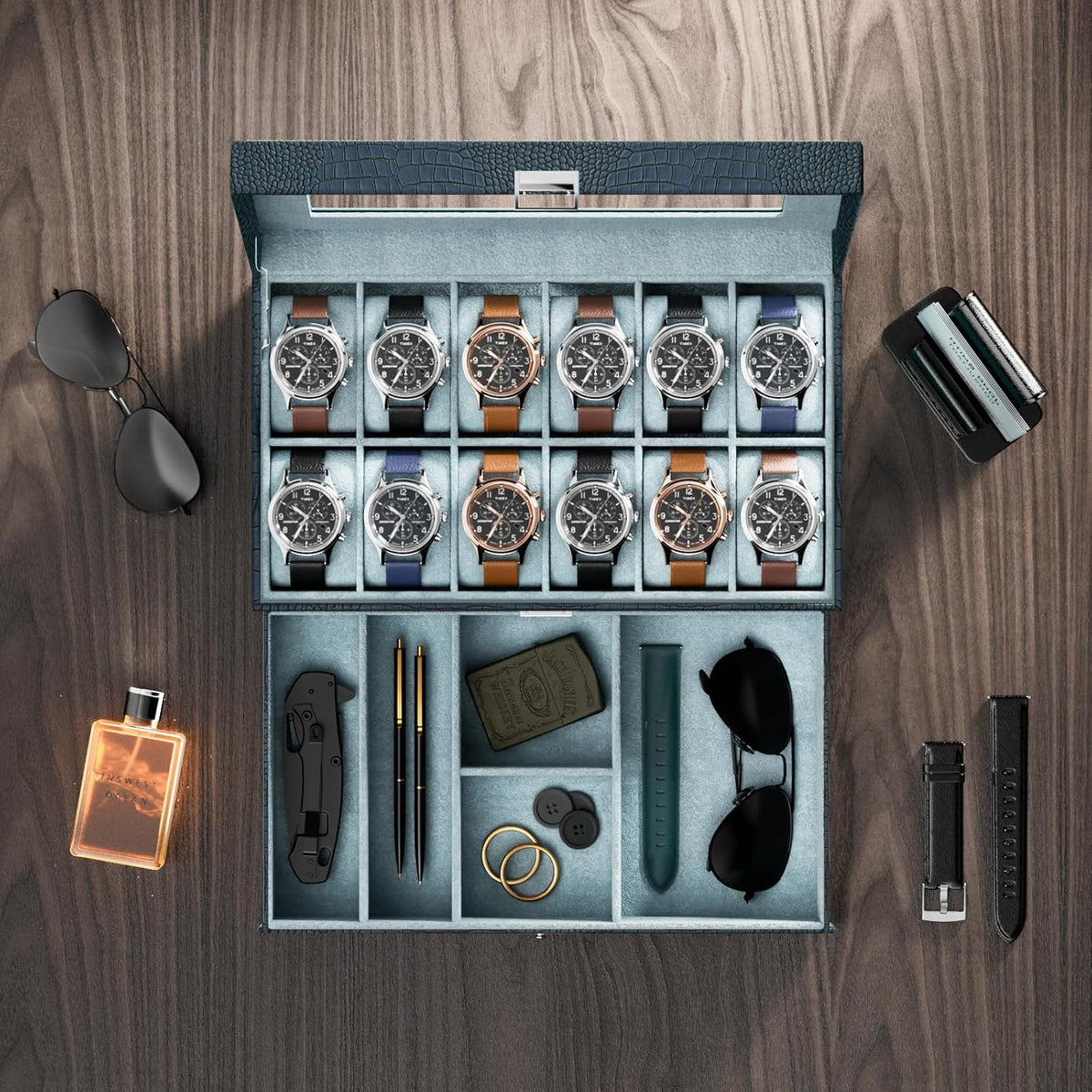 ProCase Caja de reloj, Caja de reloj para hombres con 12 ranuras y...