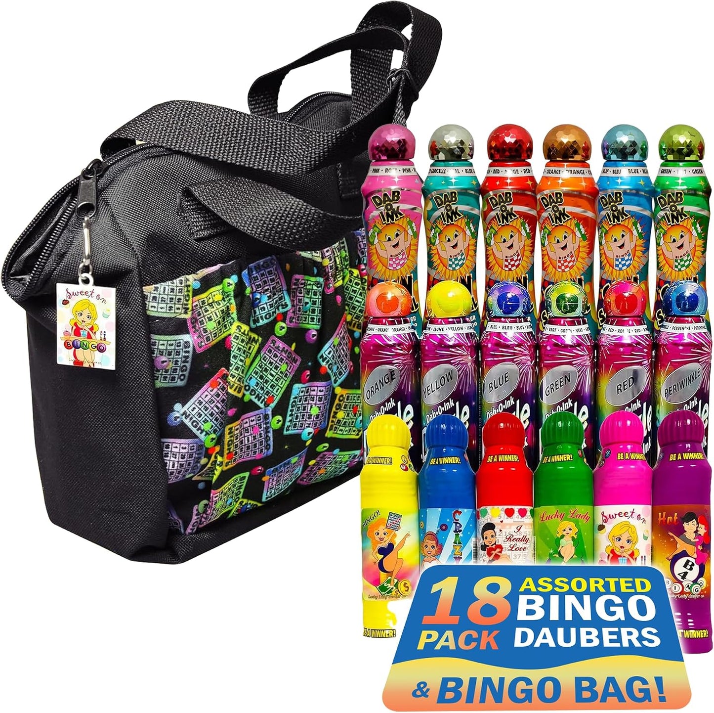 Lucky Lady Bolsa de bingo de neón con bolsillos y paquete de 18 Dau...