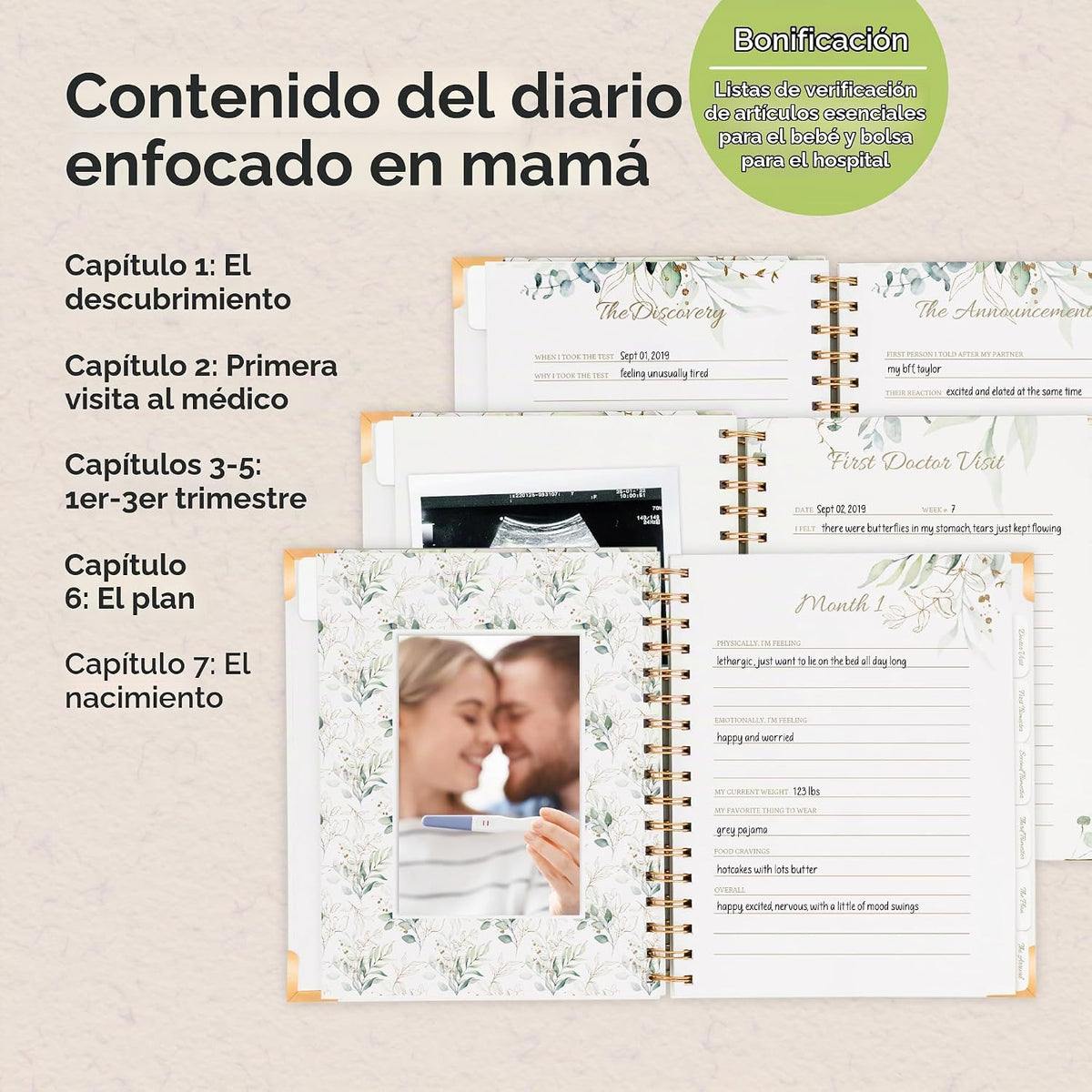 Diario de embarazo para madres primerizas, 90 páginas de tapa dura...
