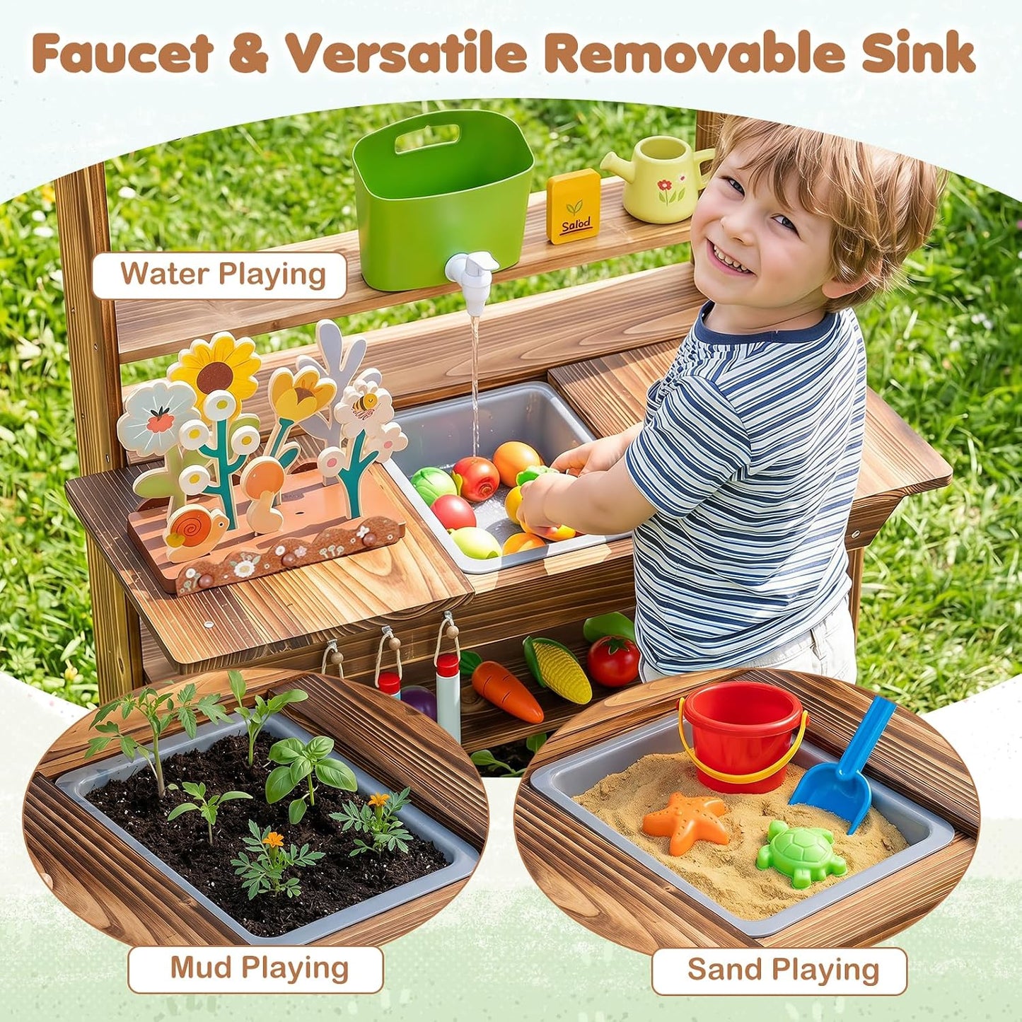Costzon Cocina de barro al aire libre para niños, banco de madera p...