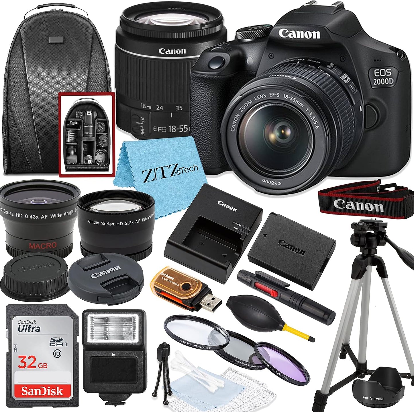 Canon EOS 2000D \/ Rebel T7 Cámara DSLR con lente EF-S 18-55mm + ta...