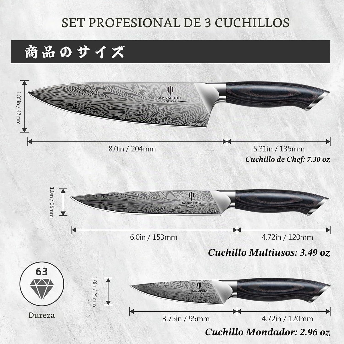 SANMEIHO Juego de cuchillos de cocina de 3 piezas, juegos de cuchil...