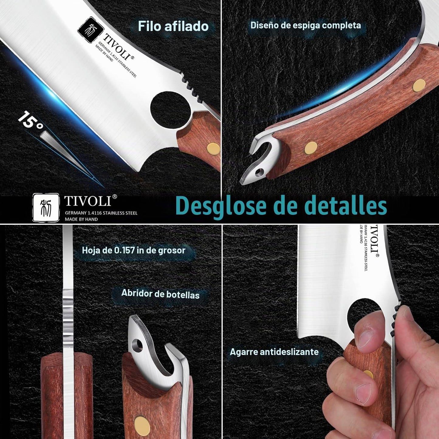 TIVOLI - Cuchillo de carnicero de espiga completa con funda y abrid...