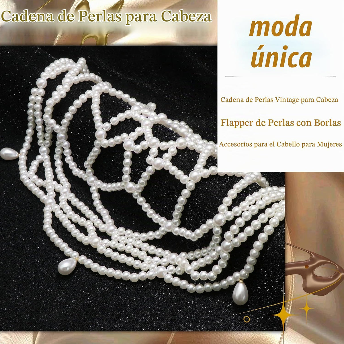 NAISKA Cadena de cabeza de perlas de malla de los años 20, tocados...