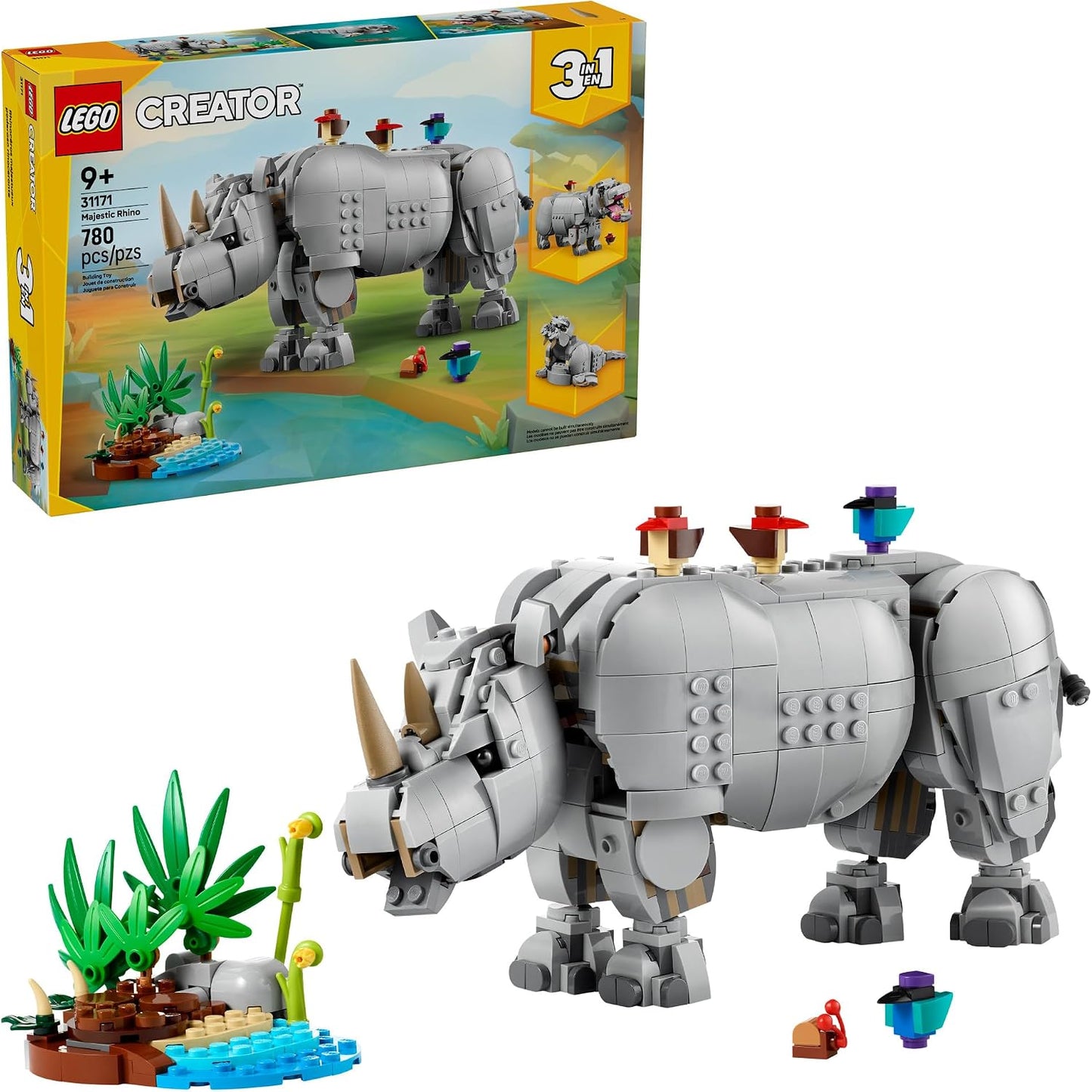 LEGO Creator 3 en 1 Wild Animals: Majestic Rinoceronte con pájaros...