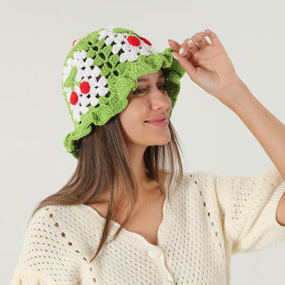 Fiewmay Sombrero de pescador de ganchillo para mujer, hecho a mano,...