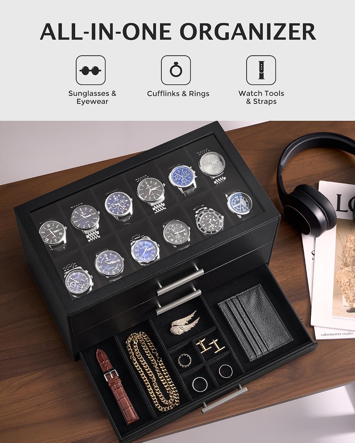 ProCase Caja de reloj de 24 ranuras para hombres, caja de cajones |...